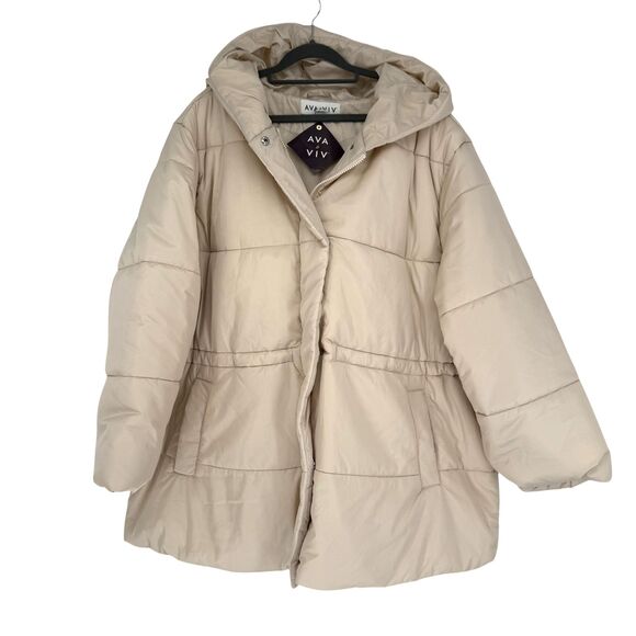 Ava & Viv Women’s 2X Puffer Jacket Taupe Hooded Mid-Length Zip Snap Winter Coat - Picture 2 of 12